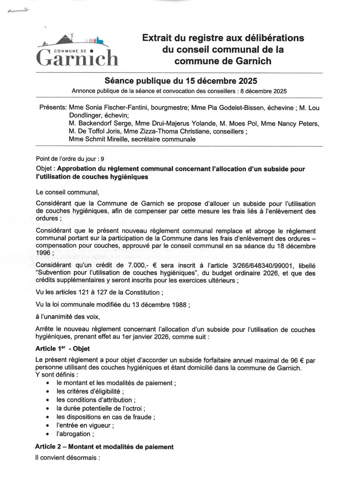 Reglement communal concernant lallocation dun subside pour lutilisation de couches hygieniques