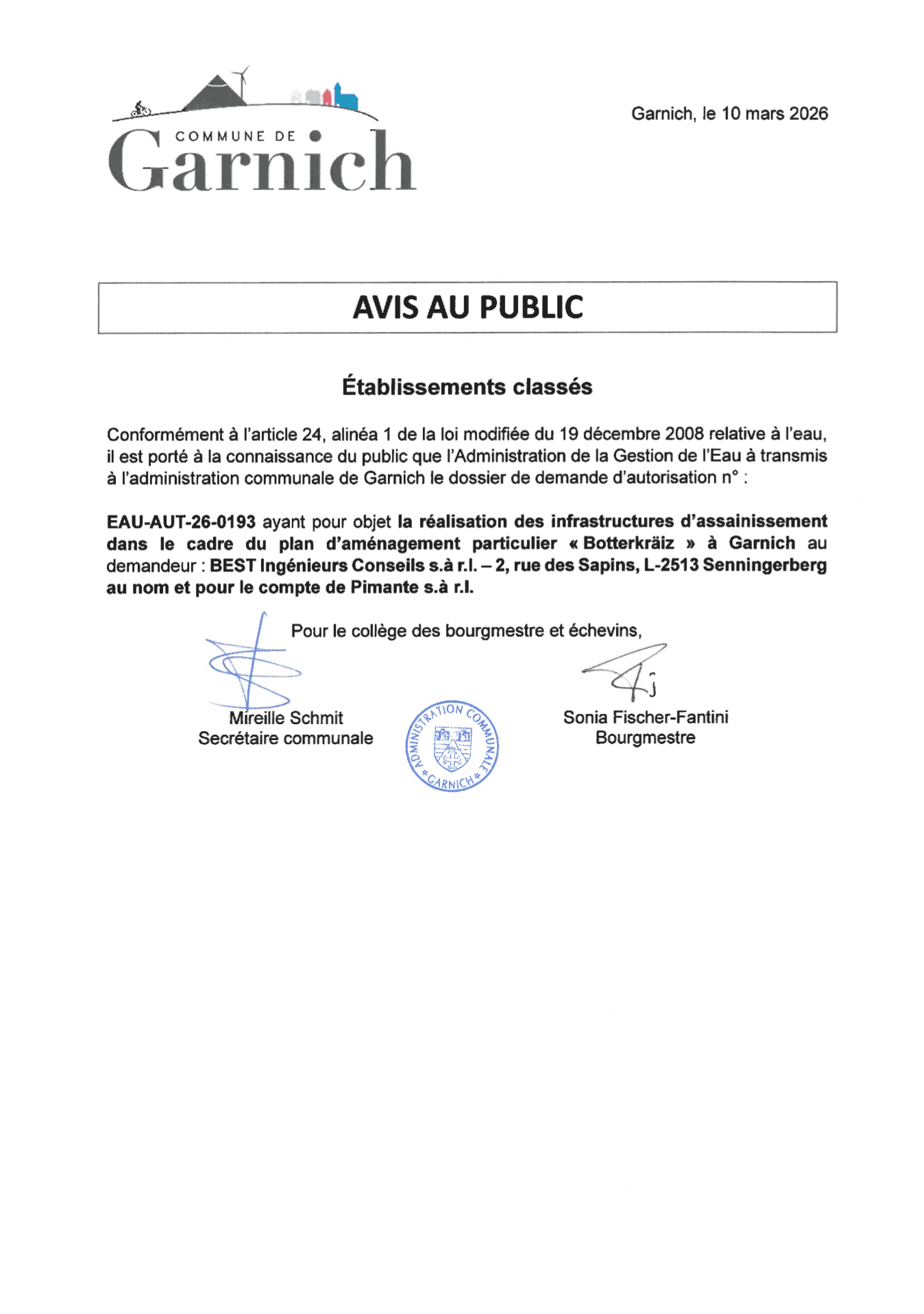 ETABL CLASSES Avis DEM Réalisation infrastructures d’assainissement PAP Botterkräiz (Pub 10-03-2026)